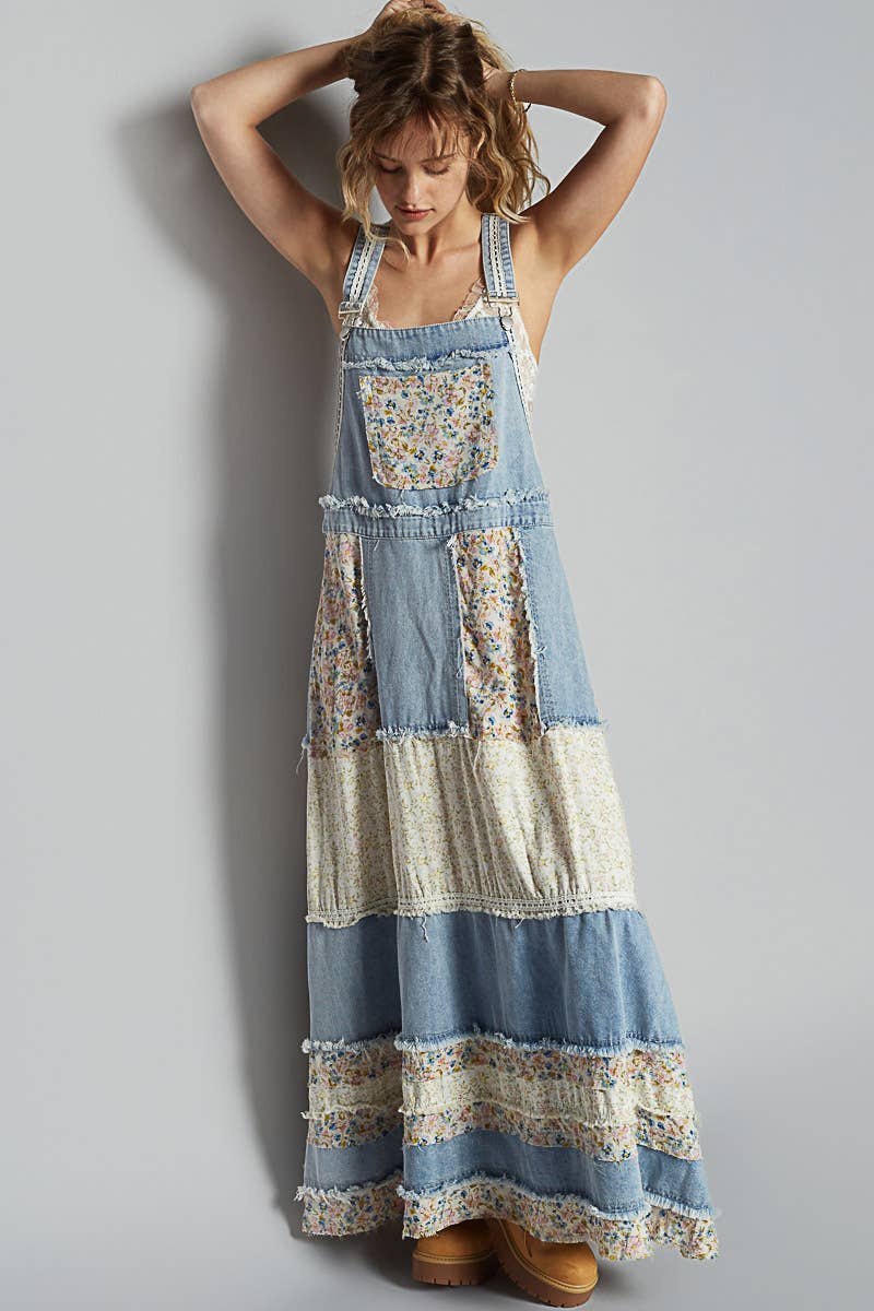 JULY SHIP   POL Vintage Washed Front Pocket Floral Contrast Dress