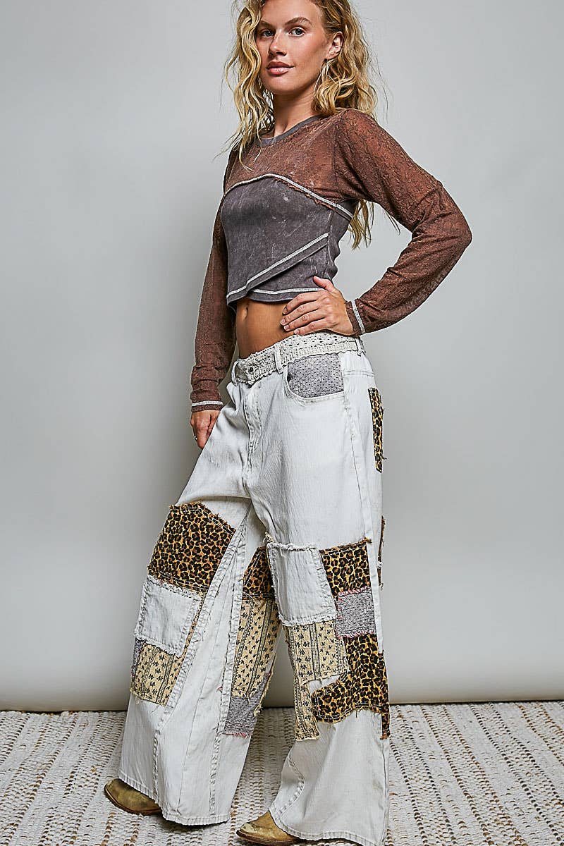 JULY SHIP Handcrafted Vintage DIY Patchwork-Style Waistband Wide Pant: NATURAL MULTI