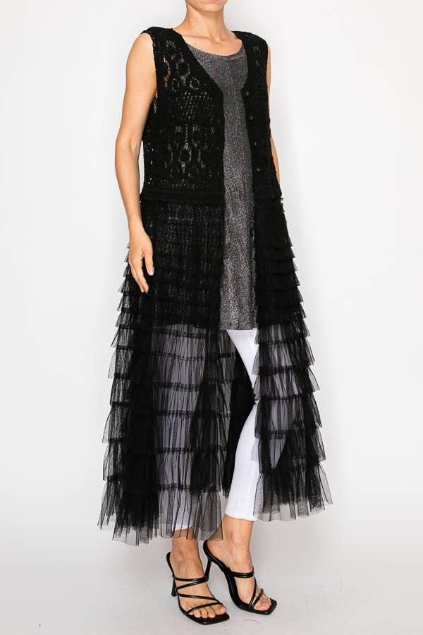 Crochet vest with a long tiered mesh layer