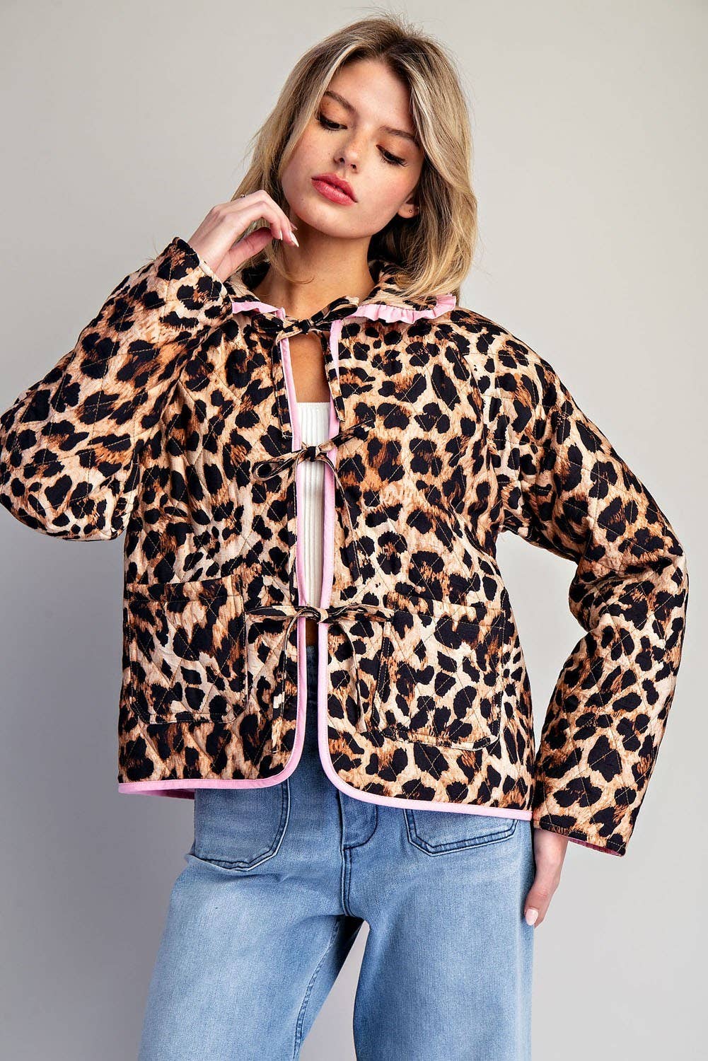 PL9358 - LEOPARD QUILTED PINK CONTRAST TIE FRONT JACKET