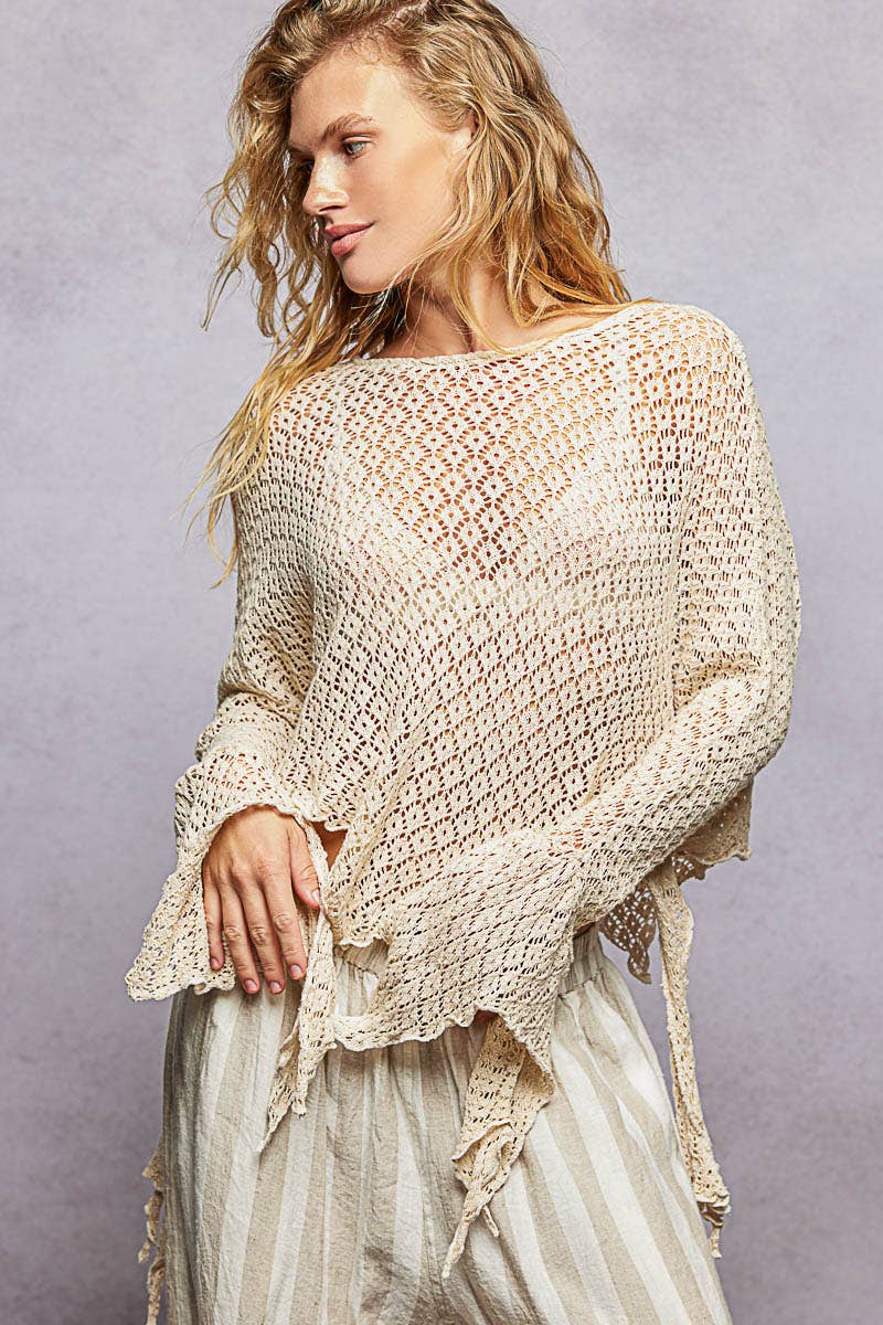 Round Neck Crochet Raw Edge Solid Knit Top