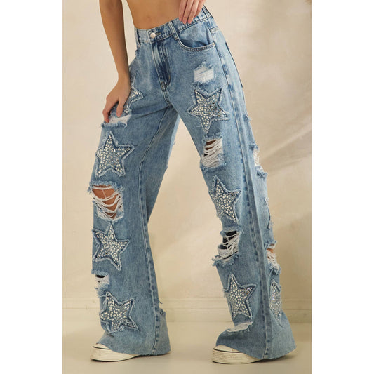 WASHED STONE ON STAR DENIM PANTS