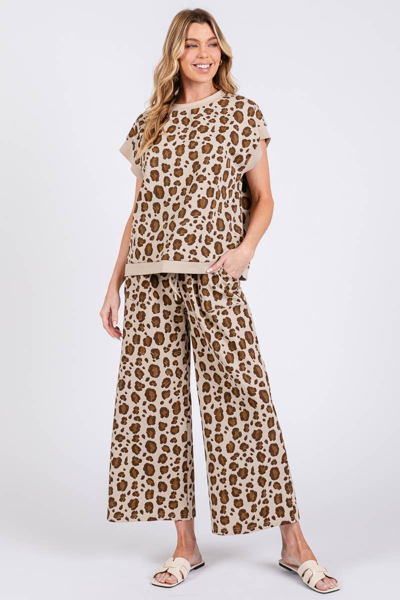 LEOPARD PRINT SCUBA TOP AND PANTS SETS