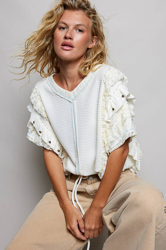 PREORDER JUNE SHIP  POL  Textured Knit Ruffle Sleeve Lace Stud Cropped Short Top