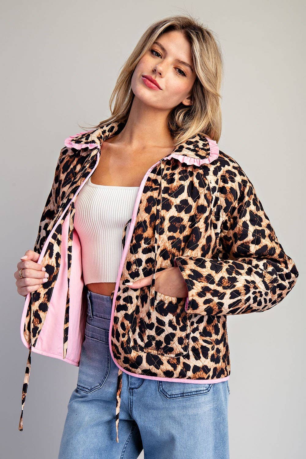 PL9358 - LEOPARD QUILTED PINK CONTRAST TIE FRONT JACKET
