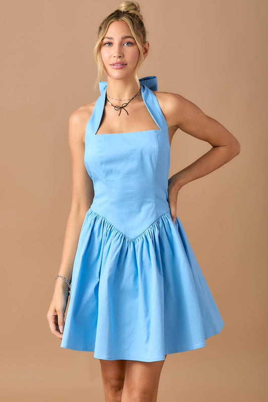 Halter style corset fit flared cotton mini dress