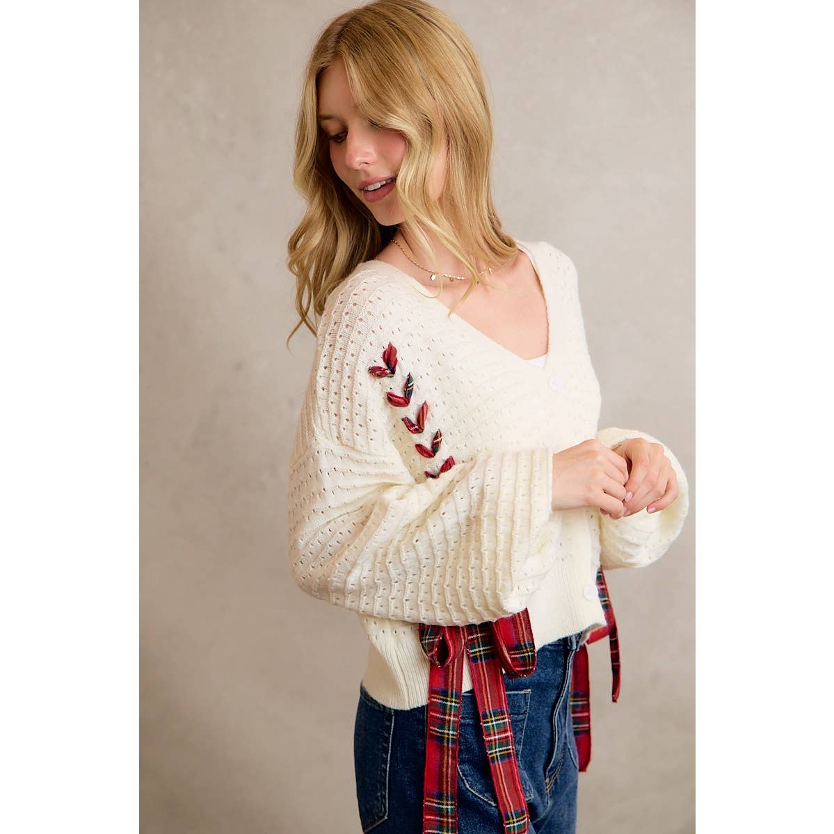 WRAPPED WITH A BOW CHRISTMAS CHECKERED PLAID TAPE LACE TEXTURE SWEATER CARDIGAN