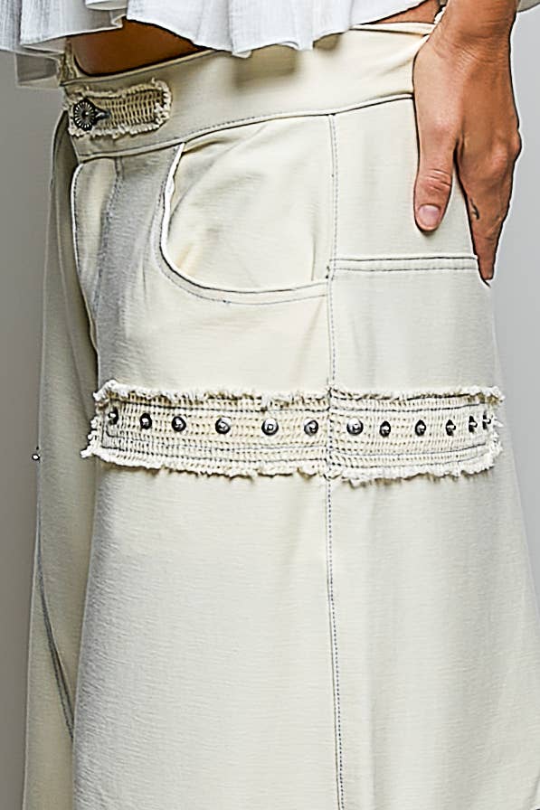 POL Ruffle Hem High Rise Wide Leg Snap Stud Detail Cargo Pants