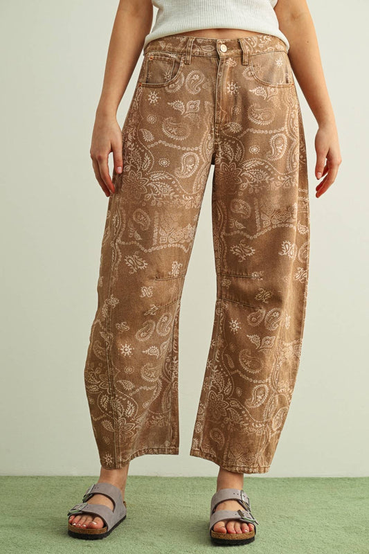 PAISLEY PRINT WASHED PANTS: BROWN