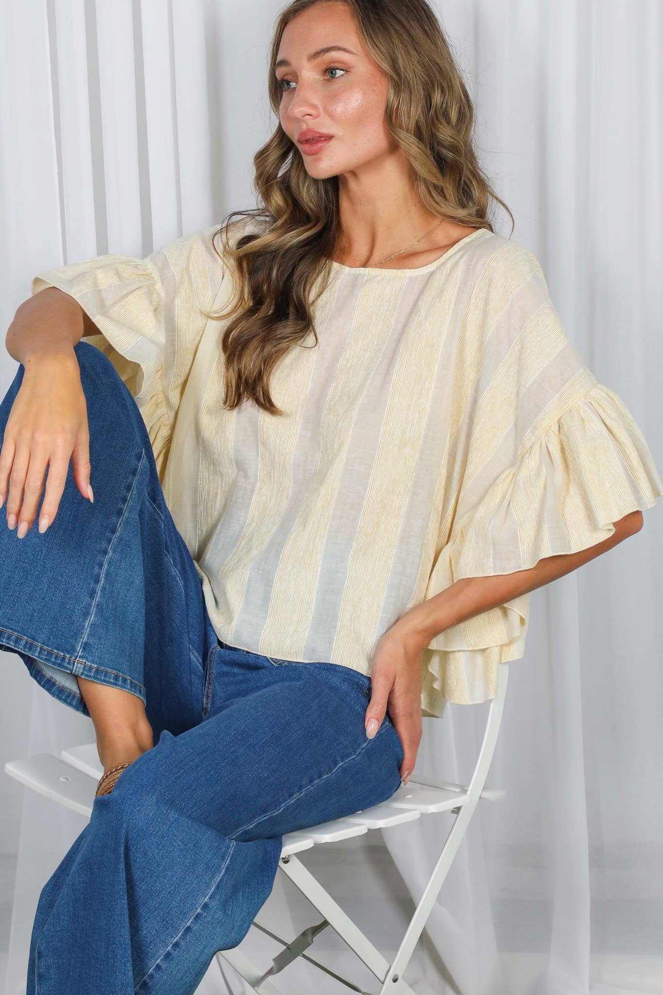 Wild Ruffle Embellished Sleeve Flowy Striped Top VT83104A: Yellow