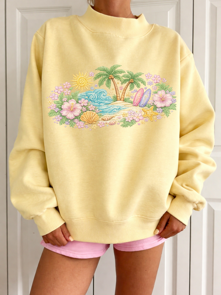 JUNE SHIP SUNKISSED COCONUT Butter Yellow Seaside Bloom Graphic Mockneck Sweatshirt