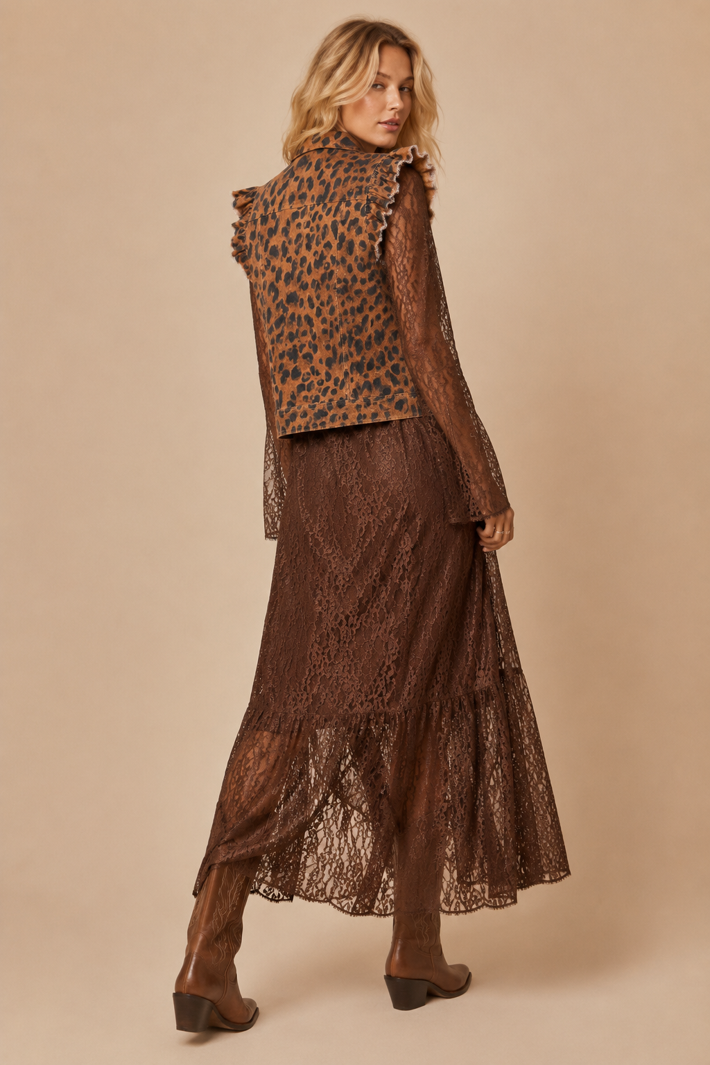 Wild Side Ruffled Denim Vest: BROWN LEOPARD