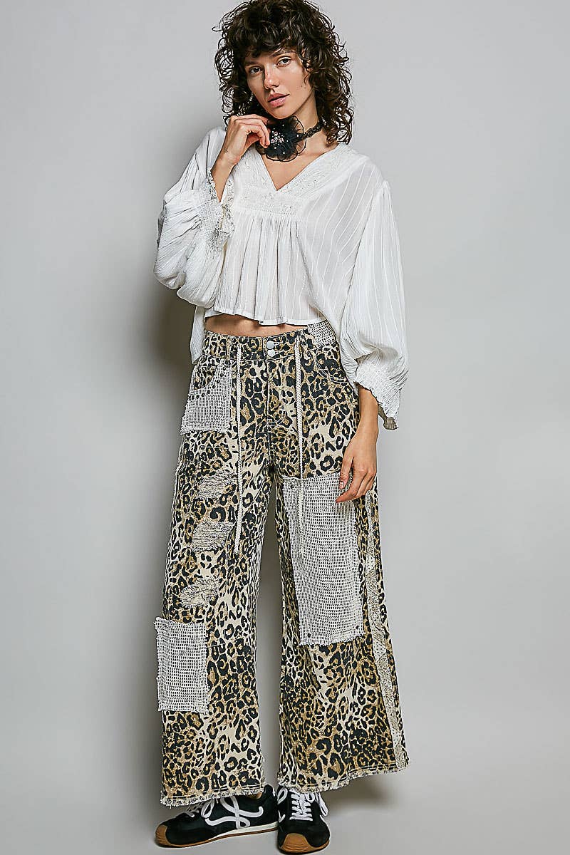 JULY SHIP POL Stud Detail Woven Denim Pants: SAND LEOPARD