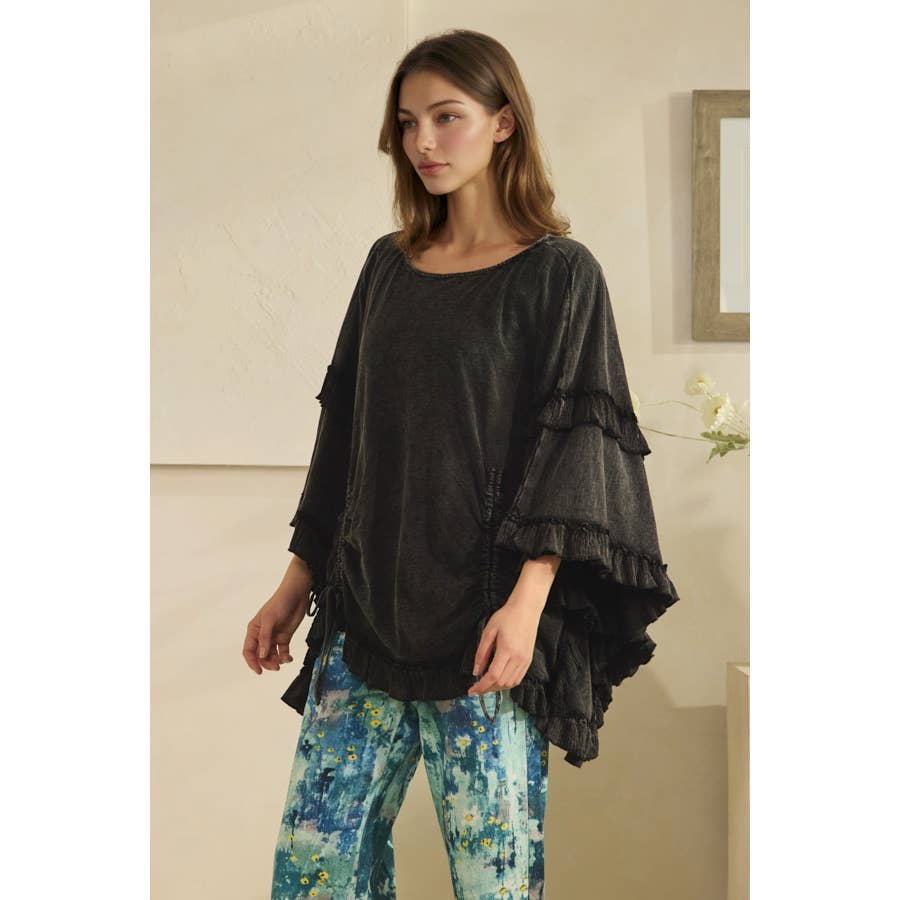 WASHED CINCHED DETAIL RUFFLE SLEEVE AND HEM TOP - HOT PINK or BLACK