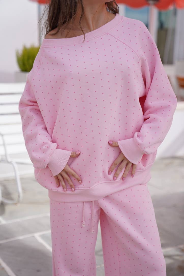 JUNE SHIP SUNKISSED COCONUT Light Pink Polka Dot Off The Shoulder Sweatshirt