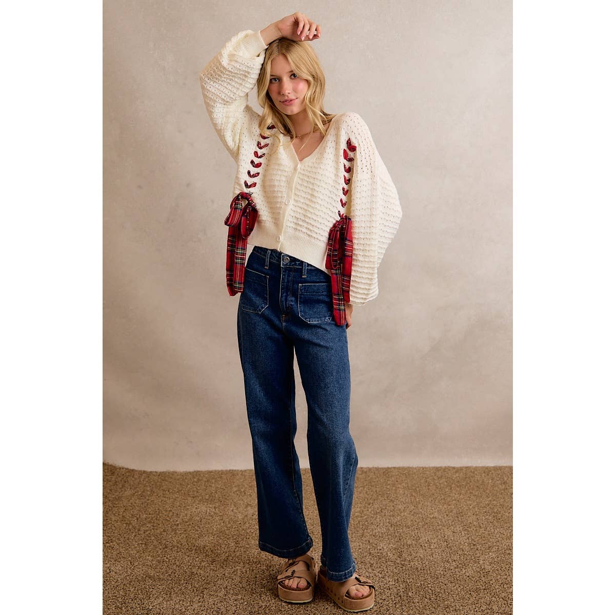 WRAPPED WITH A BOW CHRISTMAS CHECKERED PLAID TAPE LACE TEXTURE SWEATER CARDIGAN