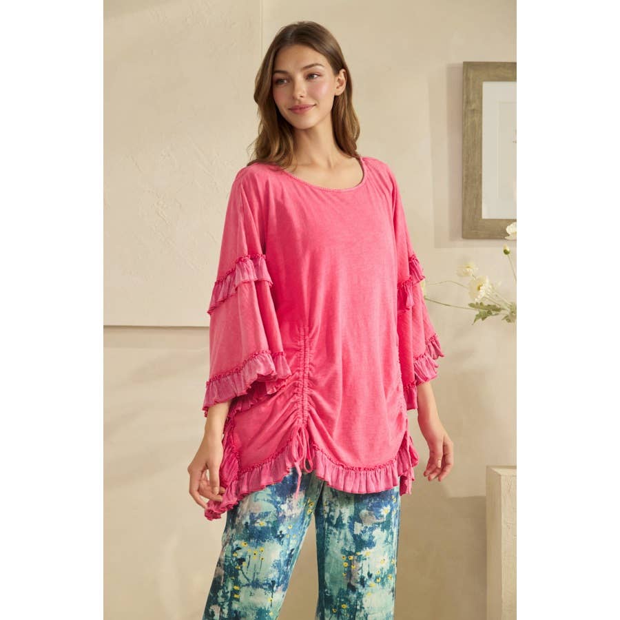 WASHED CINCHED DETAIL RUFFLE SLEEVE AND HEM TOP - HOT PINK or BLACK