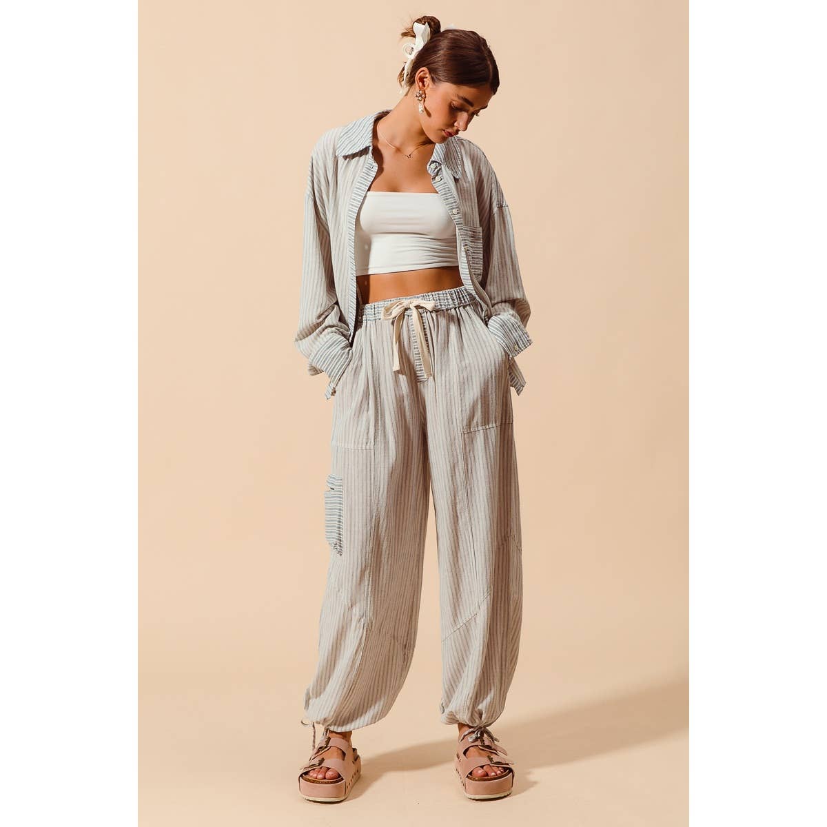 JUNE Ship MULTI STRIPE BLOCK BALLOON STYLE PANTS : VINTAGE DENIM