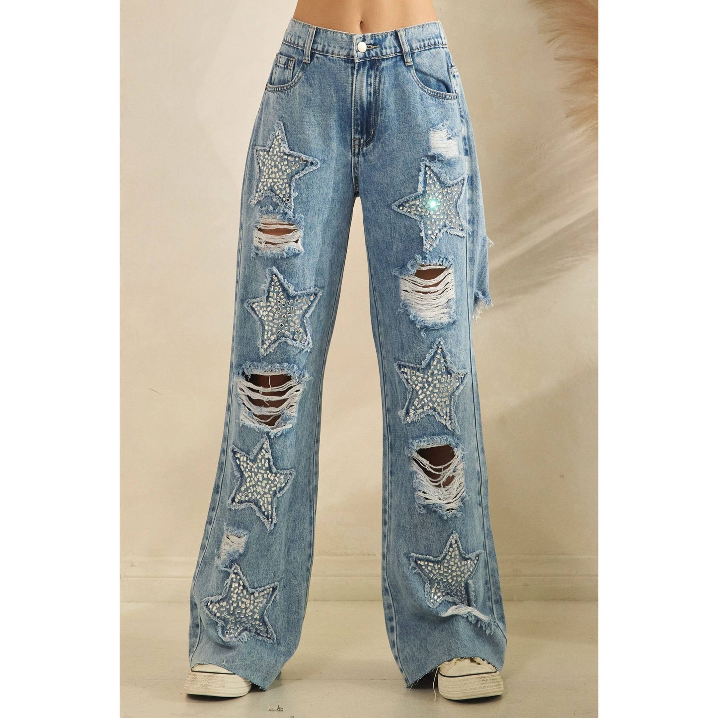 WASHED STONE ON STAR DENIM PANTS