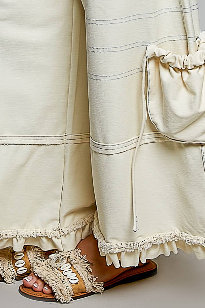 POL Ruffle Hem High Rise Wide Leg Snap Stud Detail Cargo Pants