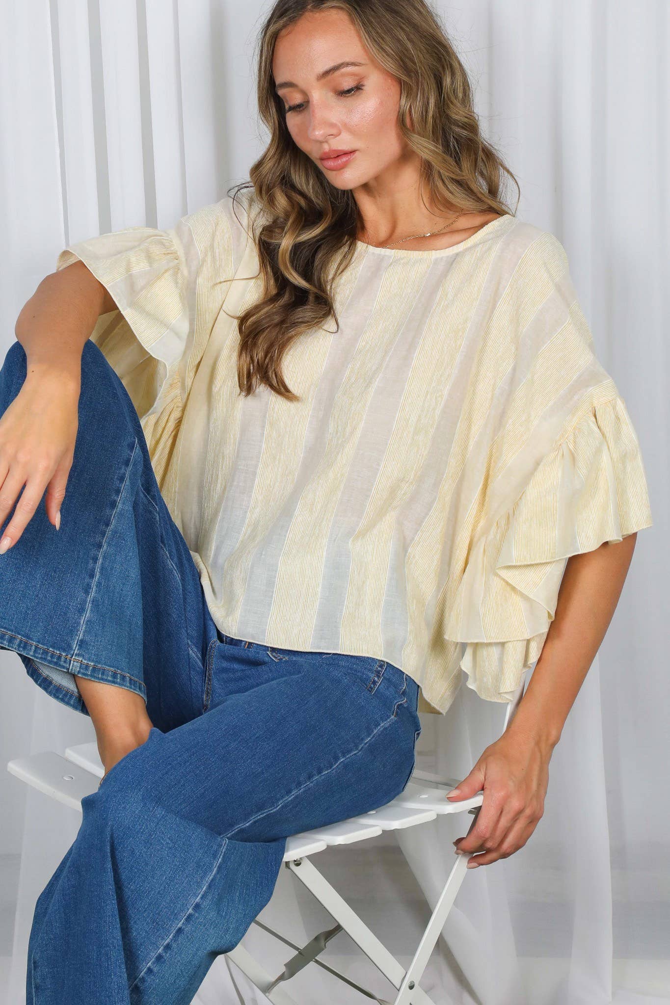 Wild Ruffle Embellished Sleeve Flowy Striped Top VT83104A: Yellow