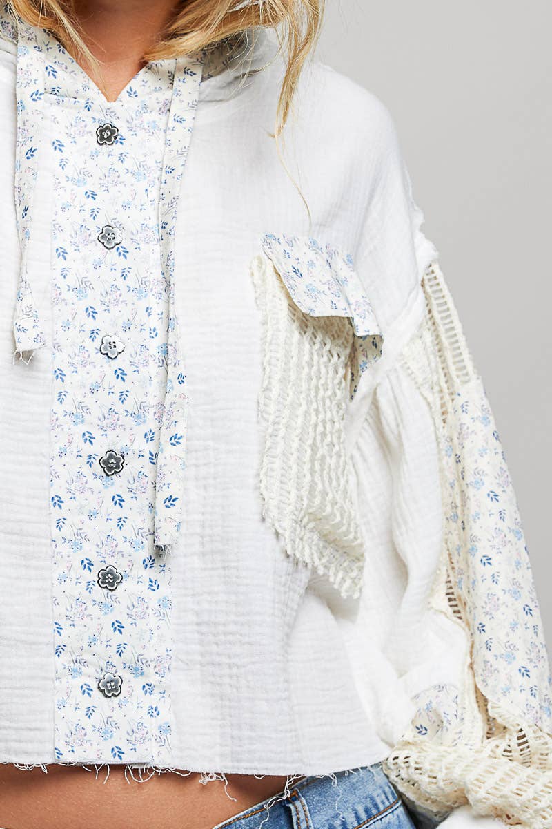 POL Balloon sleeve double gauze floral placket jacket