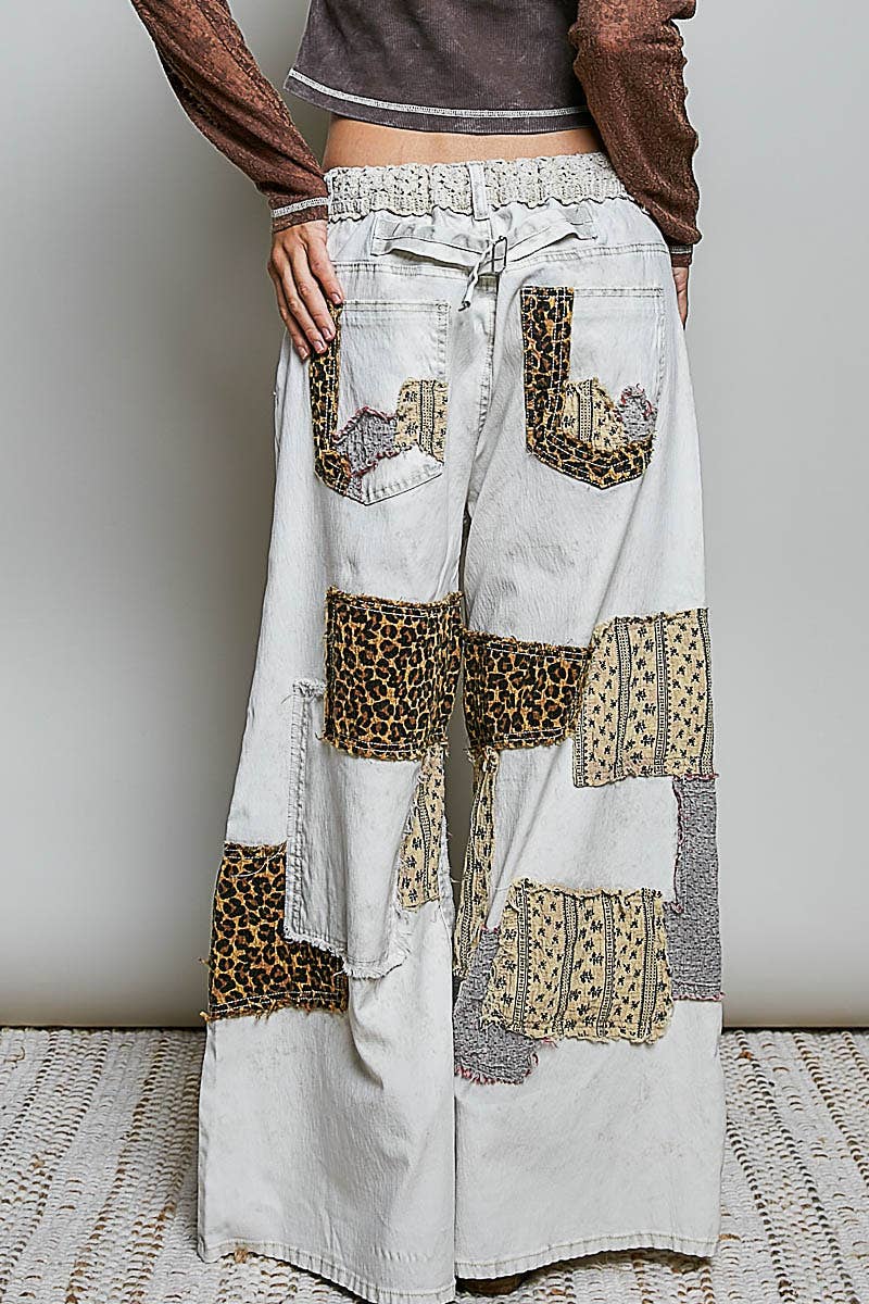 JULY SHIP Handcrafted Vintage DIY Patchwork-Style Waistband Wide Pant: NATURAL MULTI
