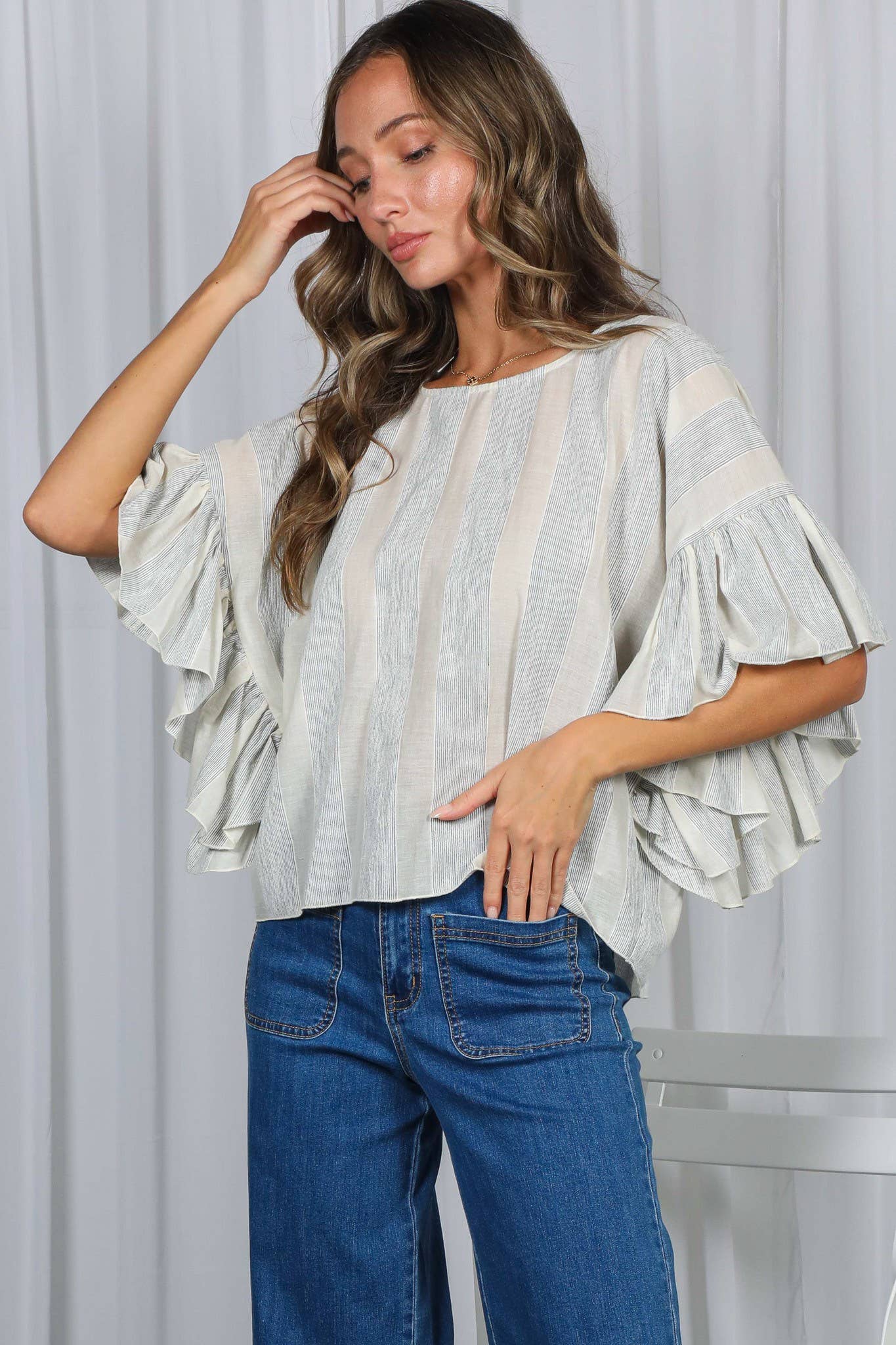 Wild Ruffle Embellished Sleeve Flowy Striped Top VT83104A: Blue