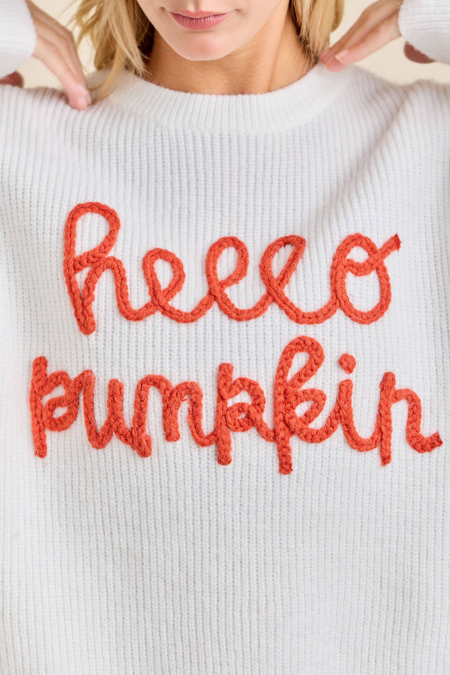 Hello Pumpkin Embroidered Knit Sweater – Fall Cozy Pullover