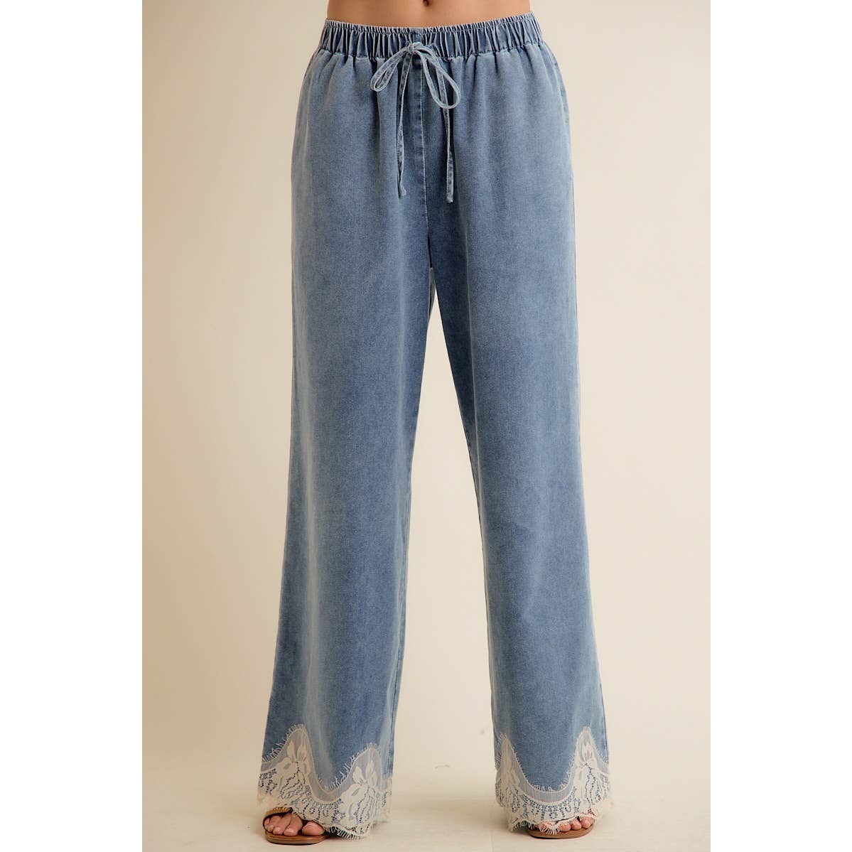 JUNE SHIP  LACE TRIM WIDE LEG ELASTIC MID RISE DENIM PANTS: DENIM