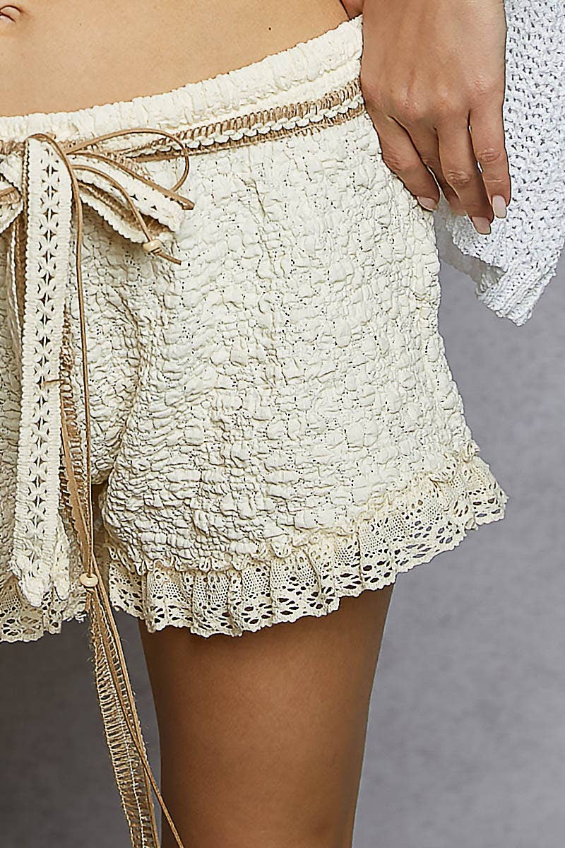 JUNE POL  Lace Trim Adjustable Waist Textured Knit Shorts