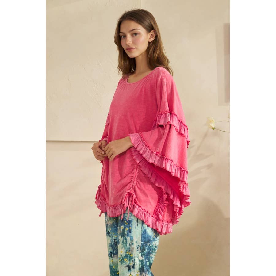 WASHED CINCHED DETAIL RUFFLE SLEEVE AND HEM TOP - HOT PINK or BLACK