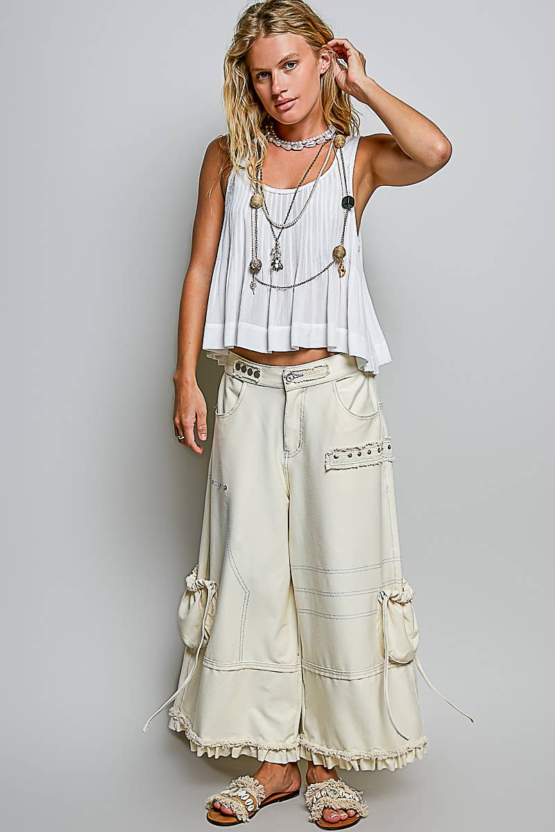 POL Ruffle Hem High Rise Wide Leg Snap Stud Detail Cargo Pants