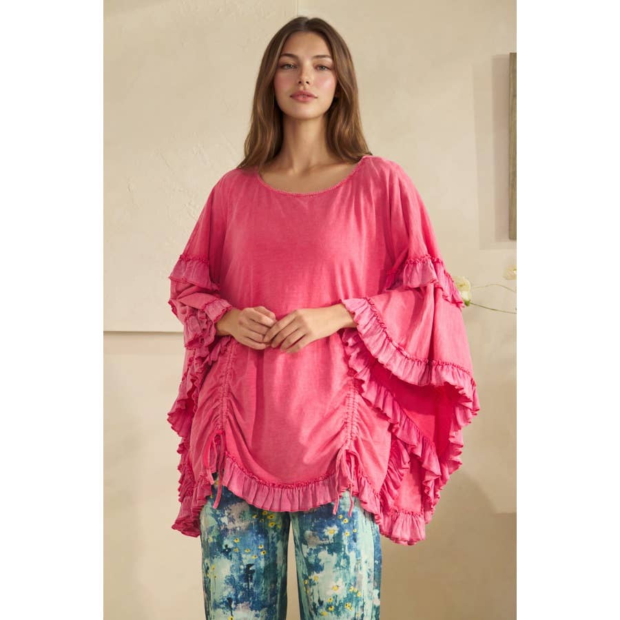 WASHED CINCHED DETAIL RUFFLE SLEEVE AND HEM TOP - HOT PINK or BLACK