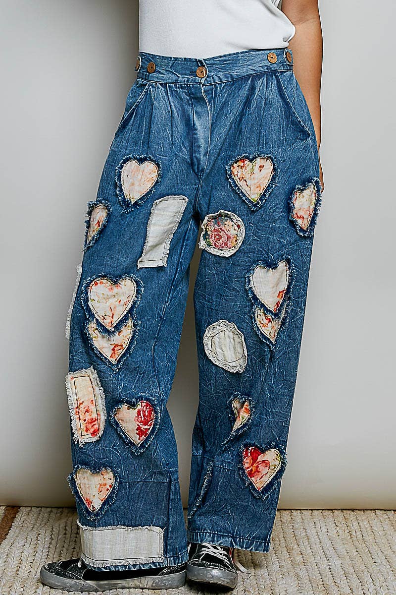 AUG 1st SHIP Patch Elastic Waistband Adjustable Button Woven Pants: DENIM MULTI