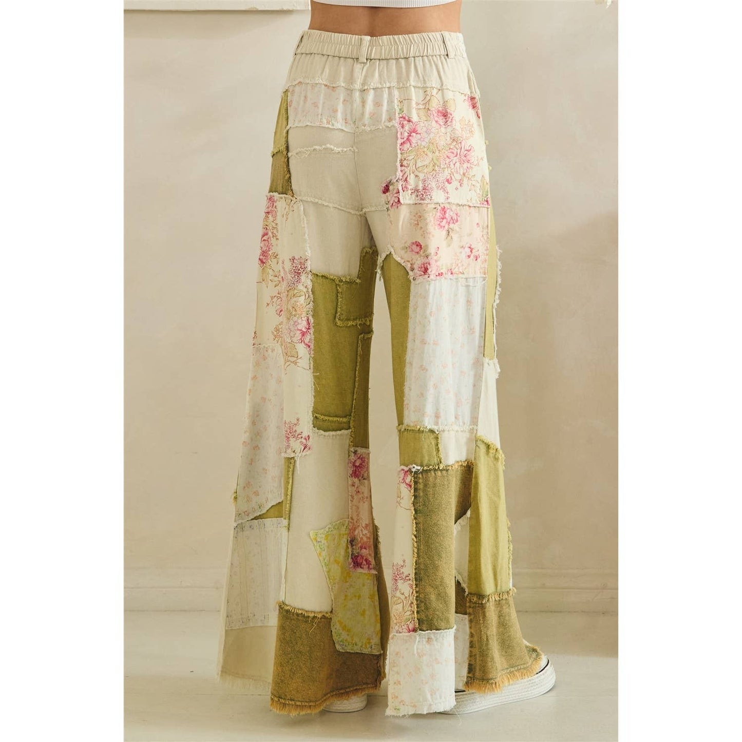 WASHED FLORAL PATCHWORK FLARE PANTS