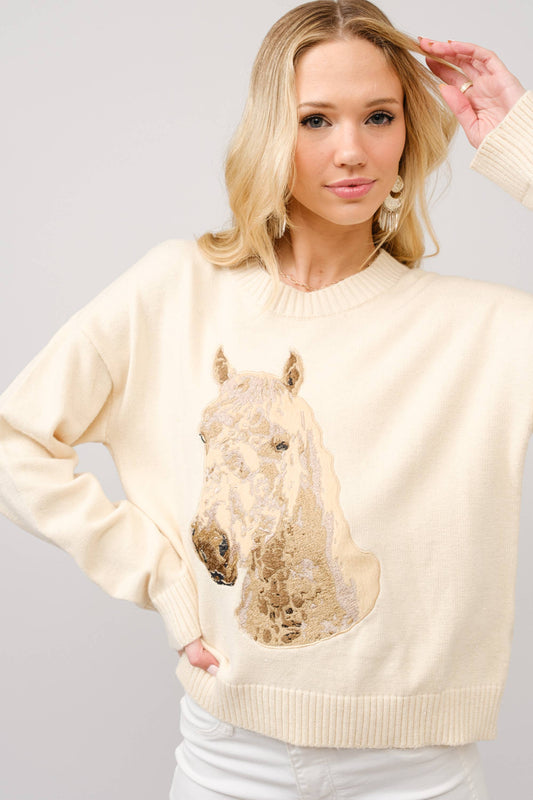 36323W - Embroidered Horse Crew Neck Sweater