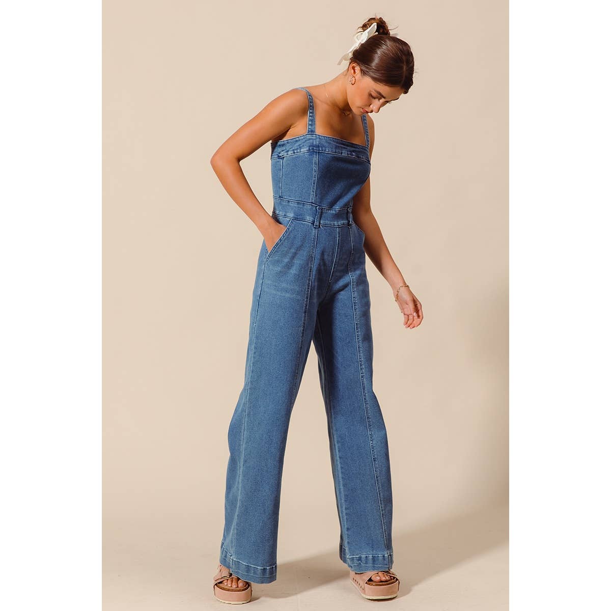 FRONT CUT EXPOSED SEAM WASHED DENIM JUMPSUIT : DENIM