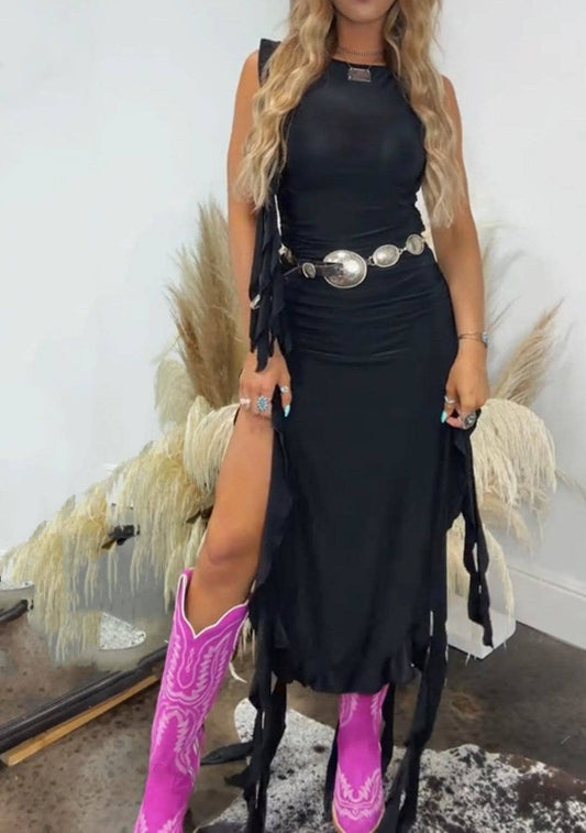 Western Cowgirl Coachella Ruffled Slit Dress
