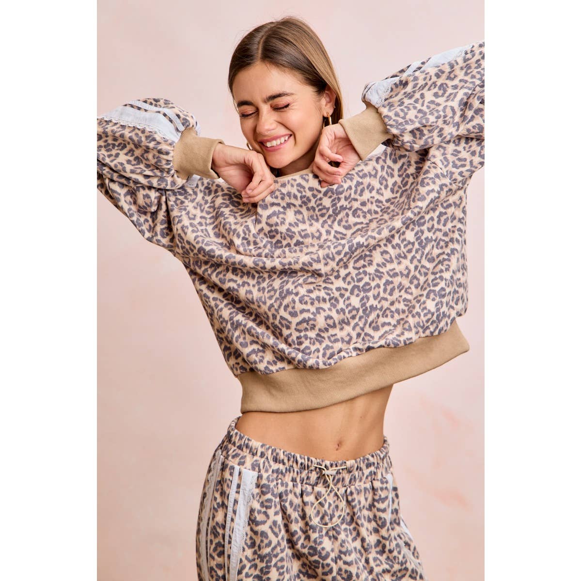 LEOPARD FRENCH TERRY LACE CONTRAST SWEATSHIRT TOP: LEOPARD