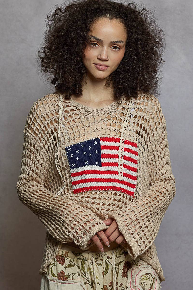 POL Long sleeve American Flag Hoodie Thin Sweater Top