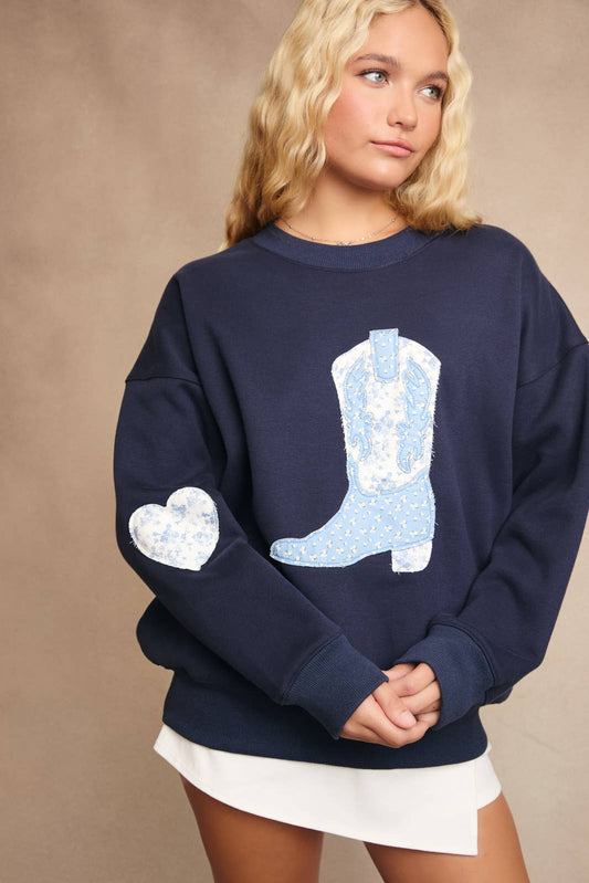"PATCHWORK COWBOY BOOTS" CREW NECK OVERSIZED SWEATSHIRT