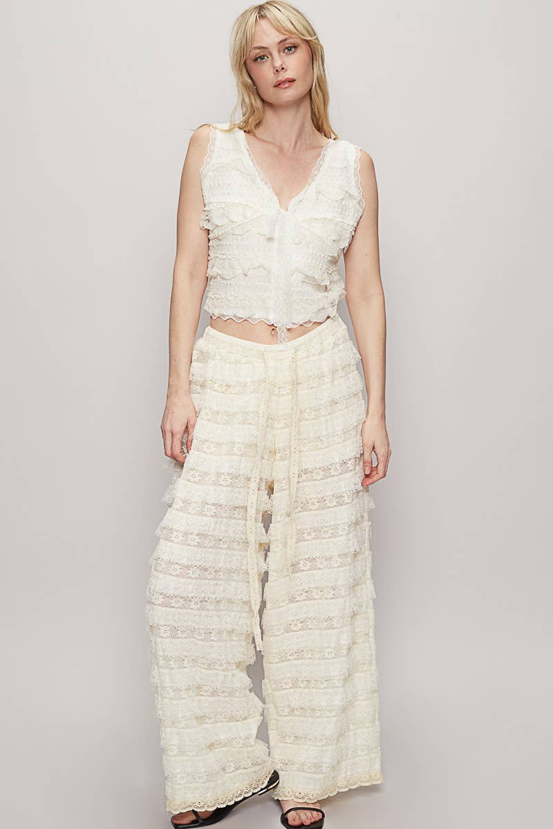 JUNE SHIP POL Solid lace trim detail woven wide pants