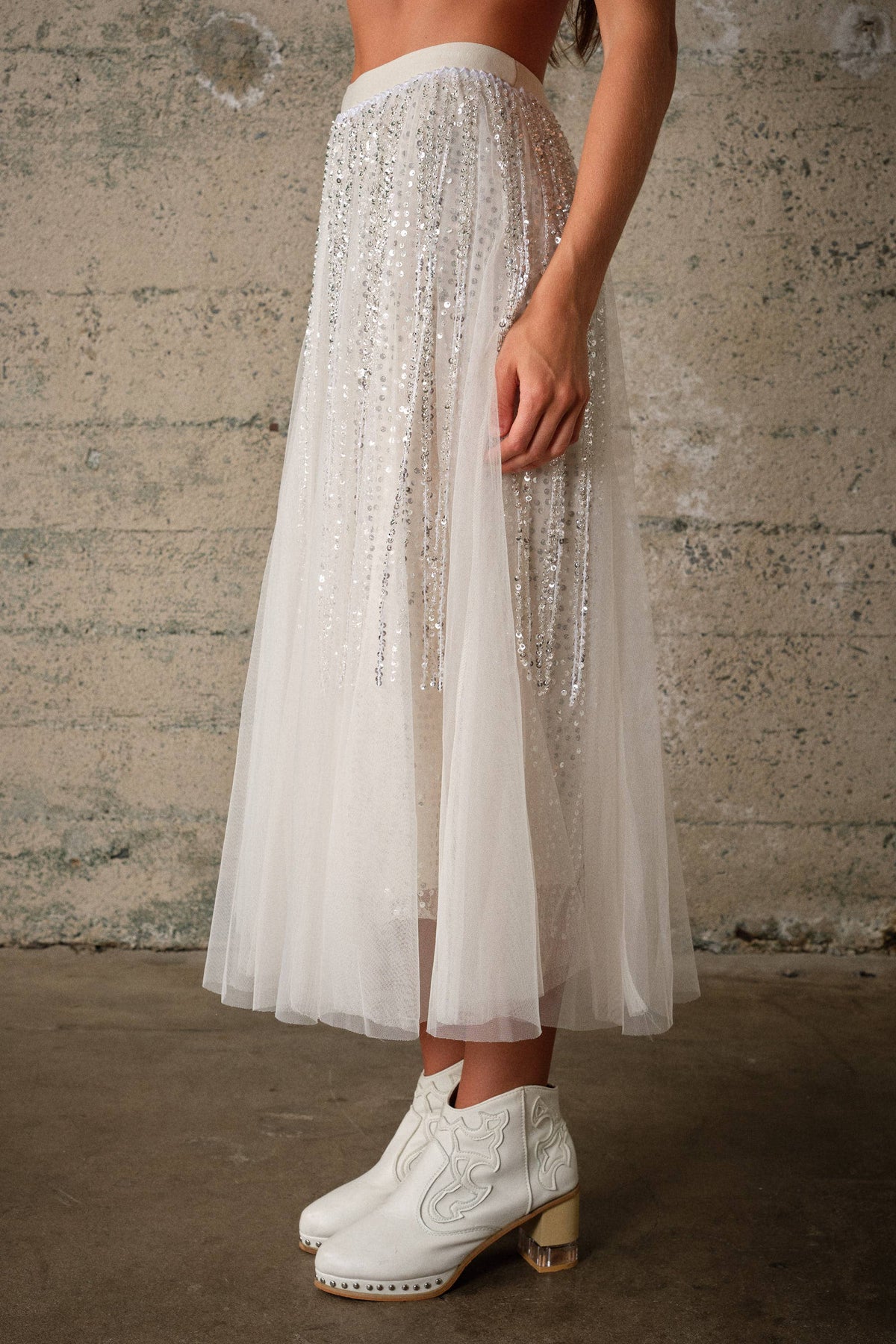 Starlight Beaded Mesh Midi Skirt