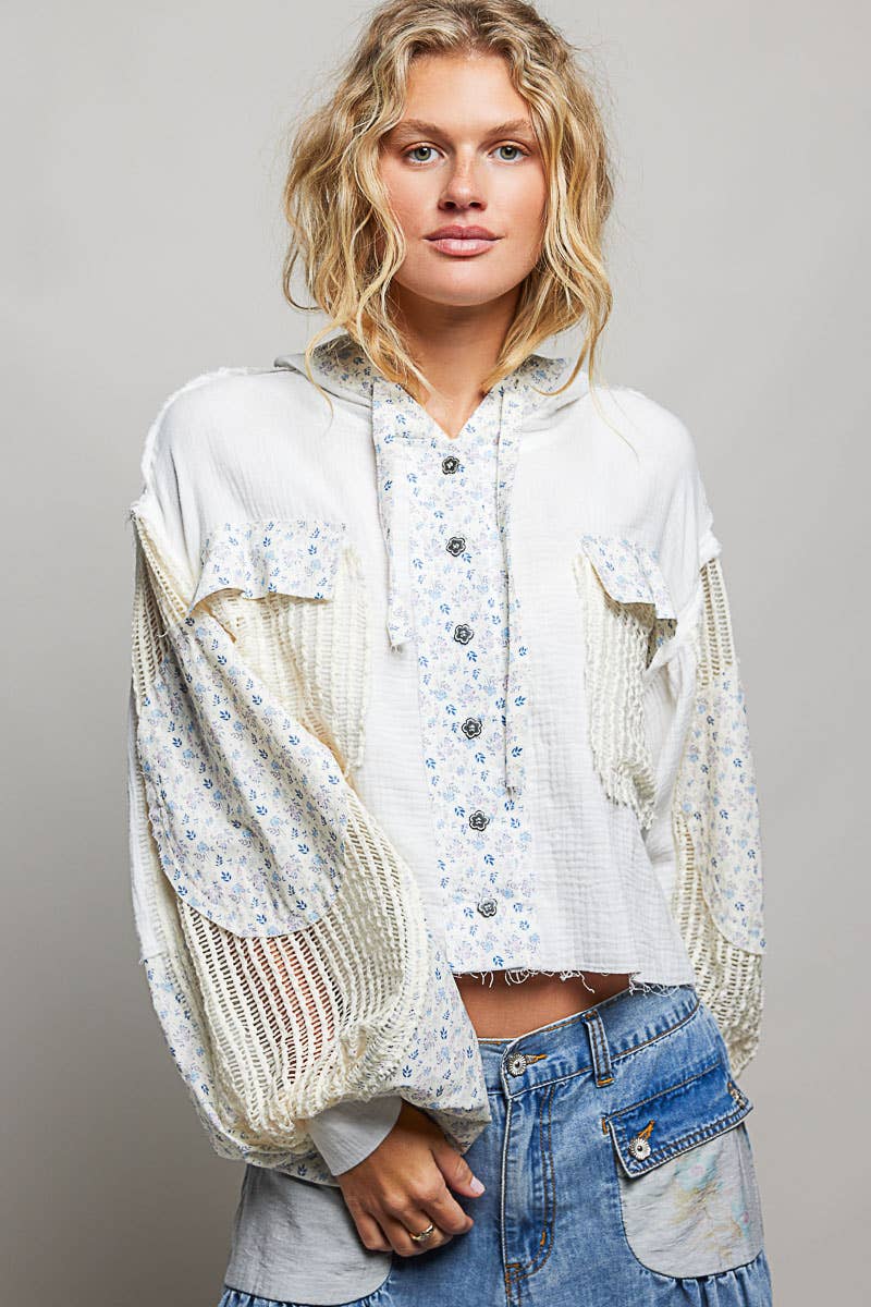 POL Balloon sleeve double gauze floral placket jacket
