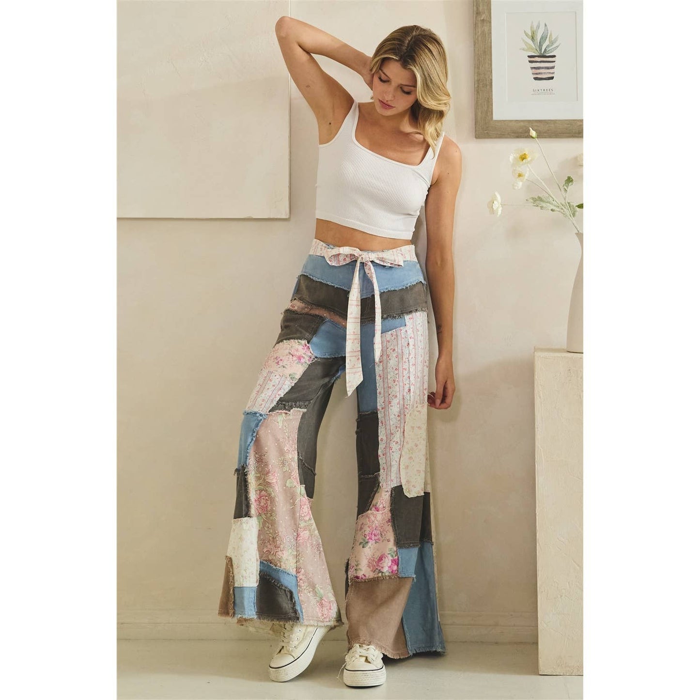 WASHED FLORAL PATCHWORK FLARE PANTS