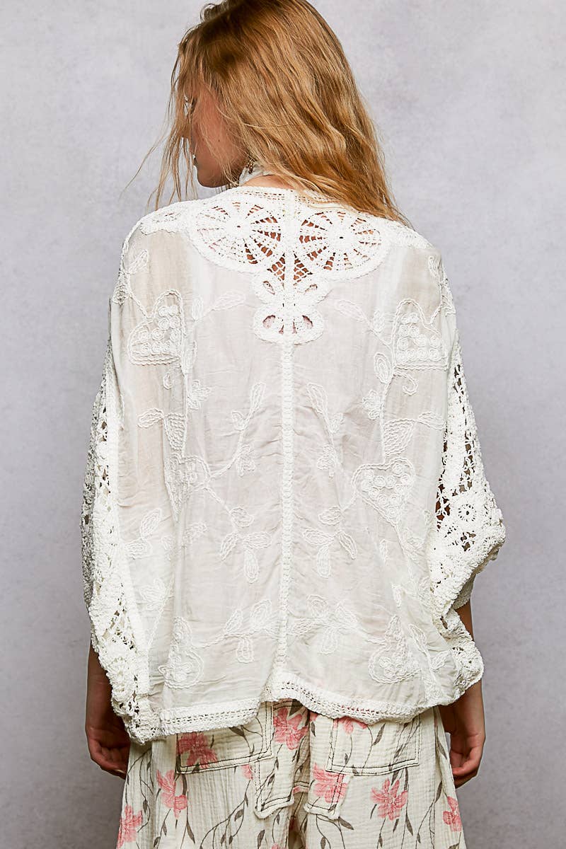 Batwing Sleeve Button Down Solid Crochet Cardigan Top