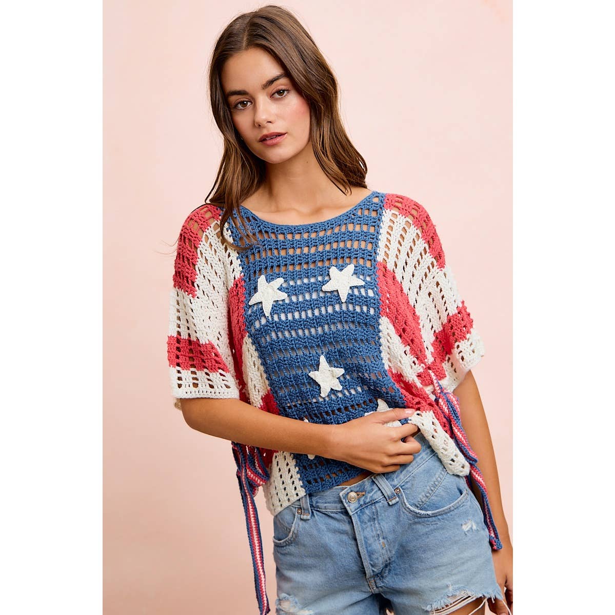 4TH OF JULY AMERICAN FLAG OPEN KNIT CROCHET TOP: AMERICAN FLAG