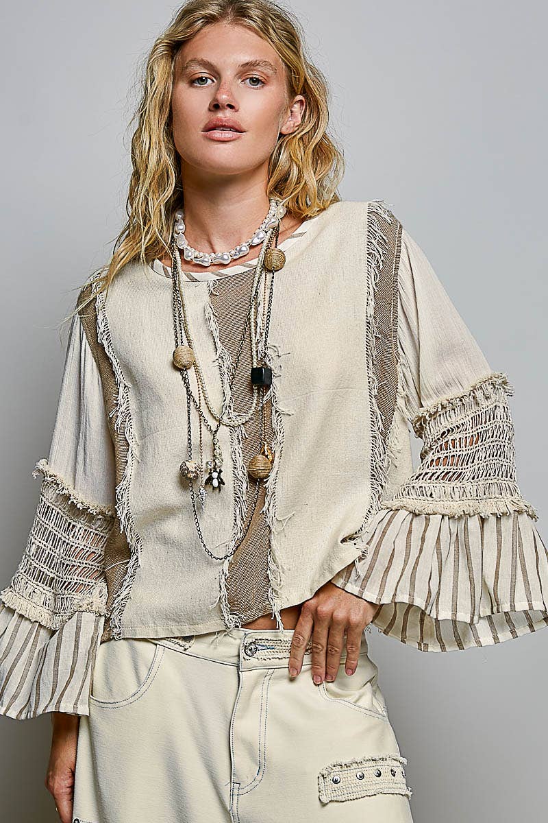 POL Raw Edge Contrast Panels Textured Woven Boxy Top