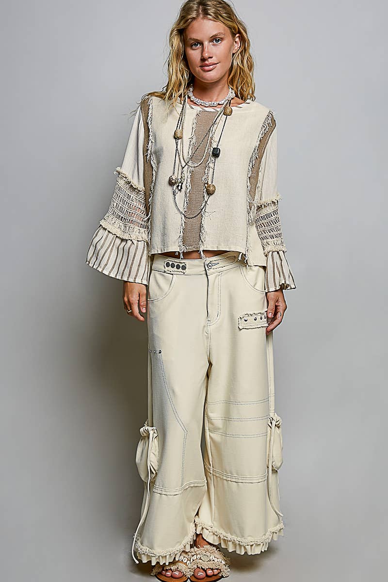 POL Raw Edge Contrast Panels Textured Woven Boxy Top